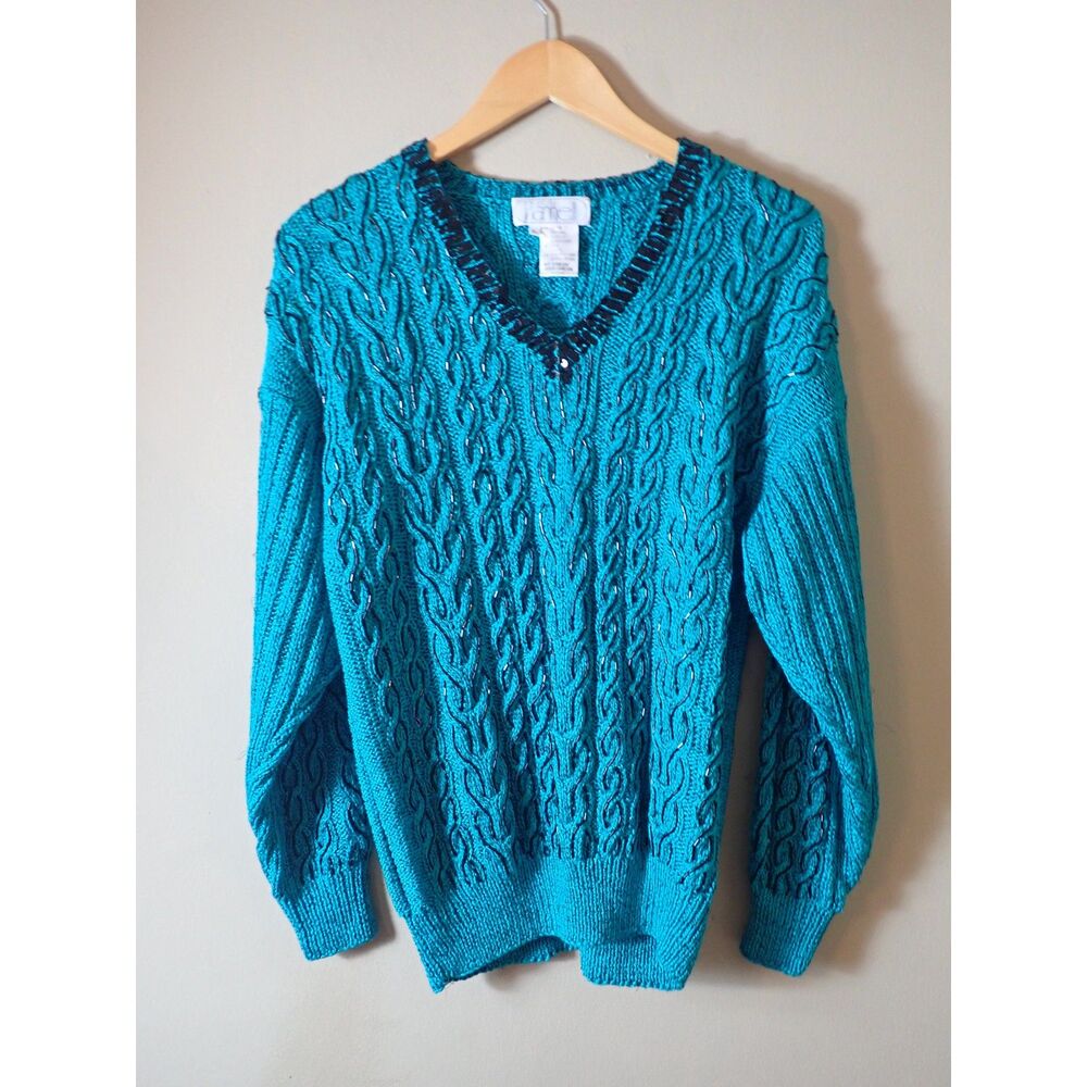 Nannell Hand Knit Vintage 80s Green Blue Beaded Embroidery Beaded Large